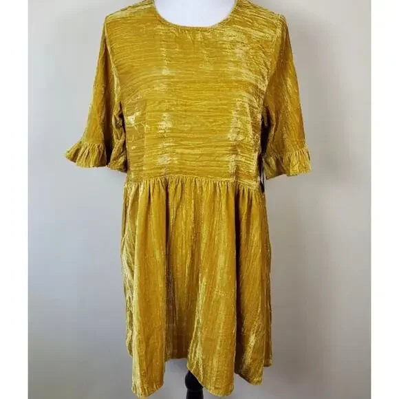 Melloday Womens Dress XS Golden Yellow Velvet Short Ruffle Sleeve Pullover - Picture 1 of 4